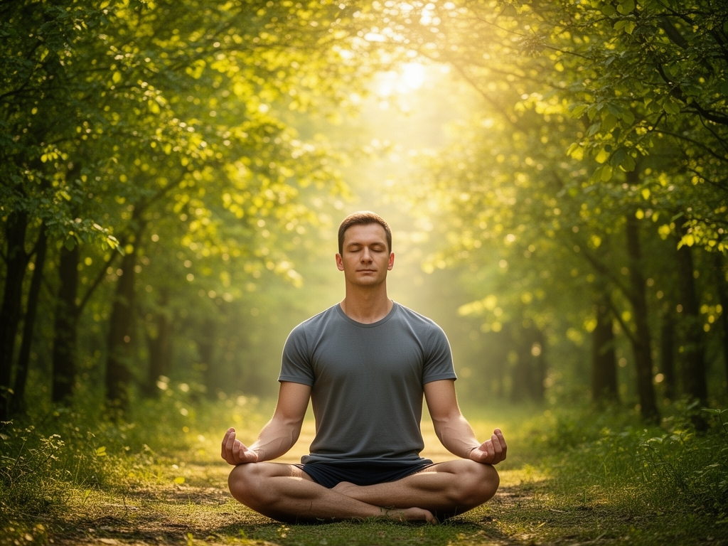 Člověk sedící v meditativní poloze na klidném místě v přírodě obklopený zelenými stromy s ranním slunečním světlem vyjadřující pohodu a vyrovnanost