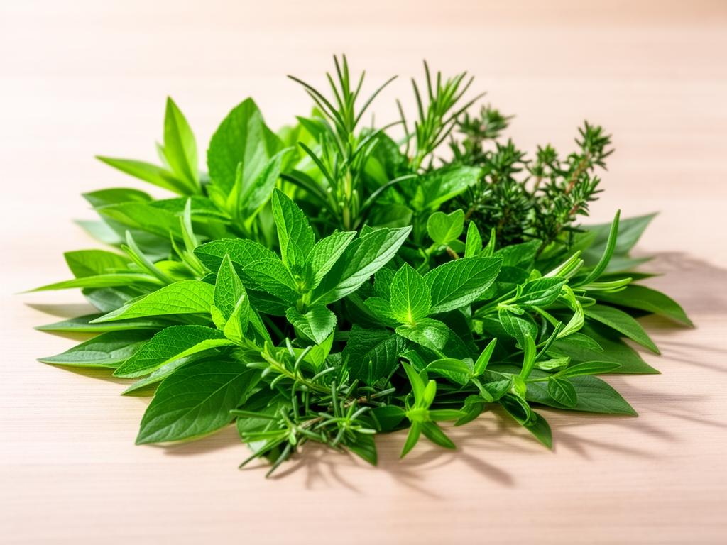 Čerstvé zelené listy a přírodní rostliny uspořádané na světlém dřevěném povrchu symbolizující vitalitu a přirozené živiny