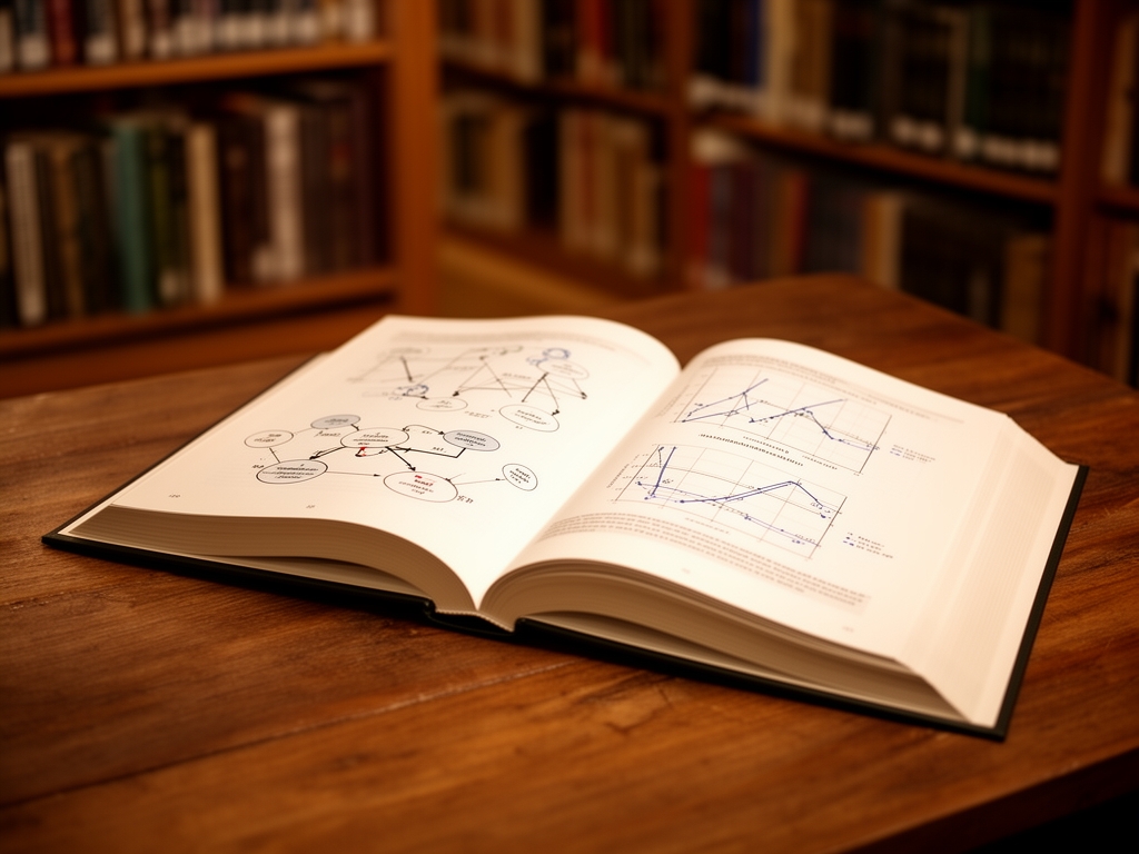 Otevřená vědecká kniha s diagramy a grafy na dřevěném stole v teplém světle knihovny symbolizující výzkum a akademické znalosti