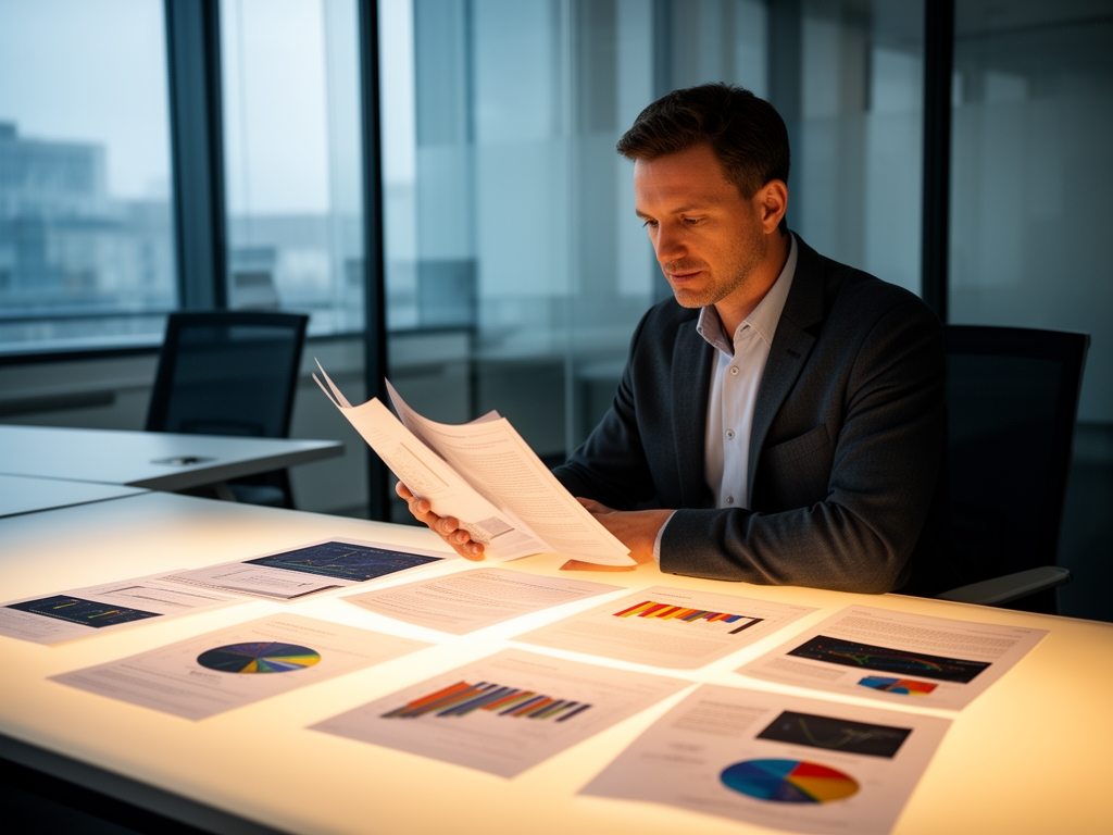 Výzkumný pracovník čtoucí vědecké dokumenty při teple osvíceném stole s grafy a diagramy v moderní kanceláři